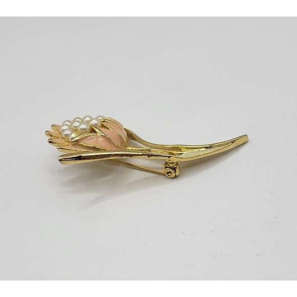 Vintage Pink Green Enamel Faux Pearl Gold Tone Flower Stem Brooch Pin - Picture 3 of 4